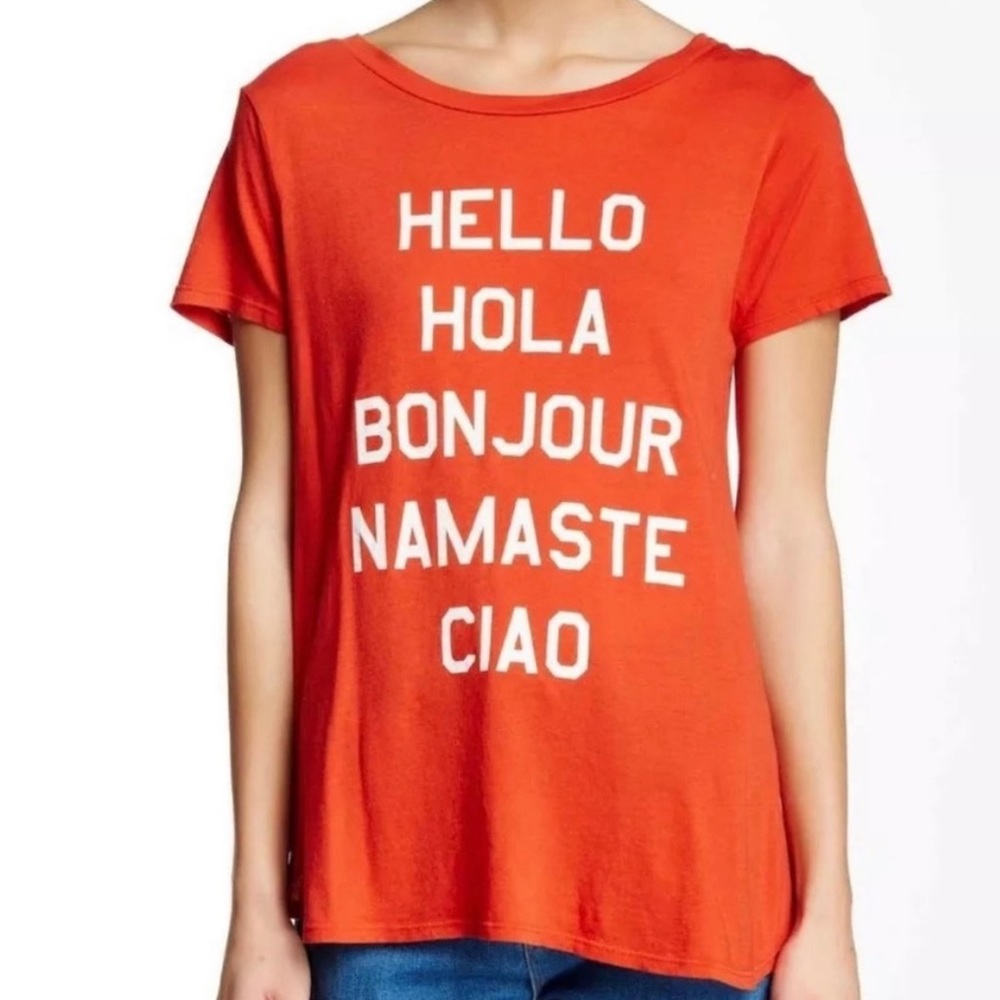 WILDFOX Hello Hola Bonjour Namaste Ciao Tee in Size S